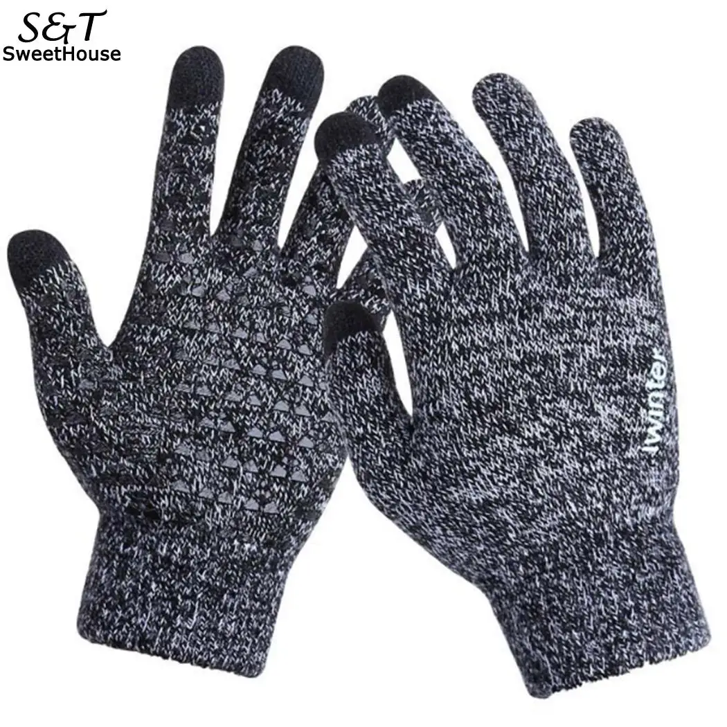 Зимние осенние теплые мужские вязаные перчатки, гибкие перчатки на полный палец, мужские утолщенные шерстяные кашемировые однотонные перчатки для смартфонов и планшетов - Цвет: type10