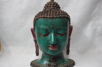 

Tibet Bronze Painted inlay turquoise ruby beryl gem Sakyamuni Buddha Head Statue 8.02