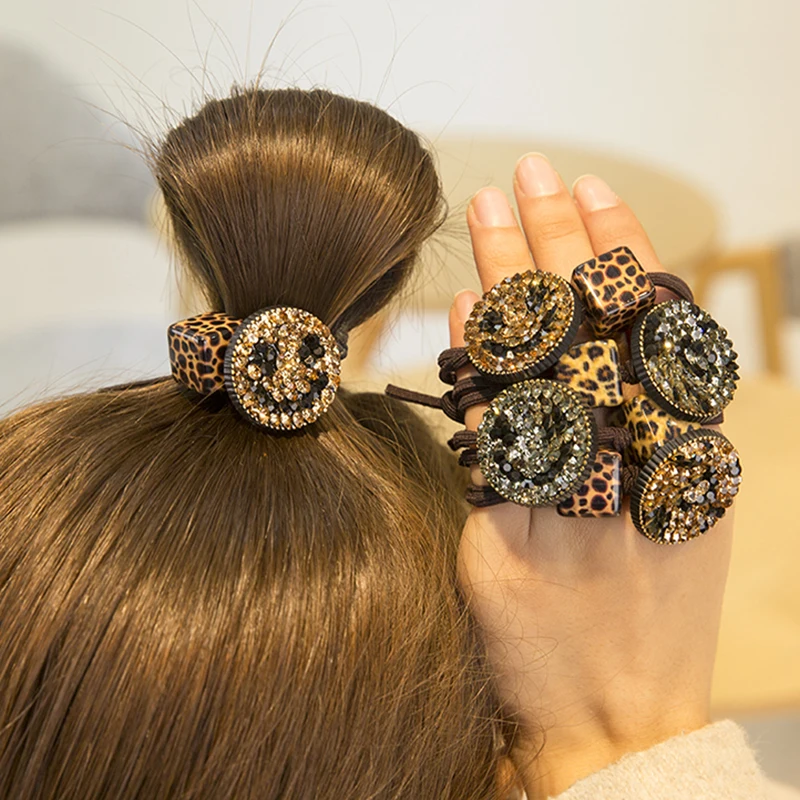 

1pc/lot Hair Bows Rubber Band Hair Ring For Girl Simple Leopard Print Smile Face Crystal Elastic Hair Bands Hair Accessories