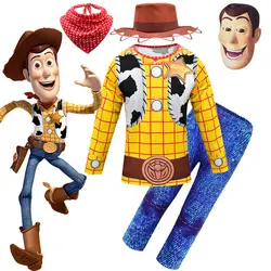«История игрушек», «4 Шериф Вуди с длинными рукавами для маленьких девочек на осень-весну, Топы + штаны, шарф маска-шляпа детский