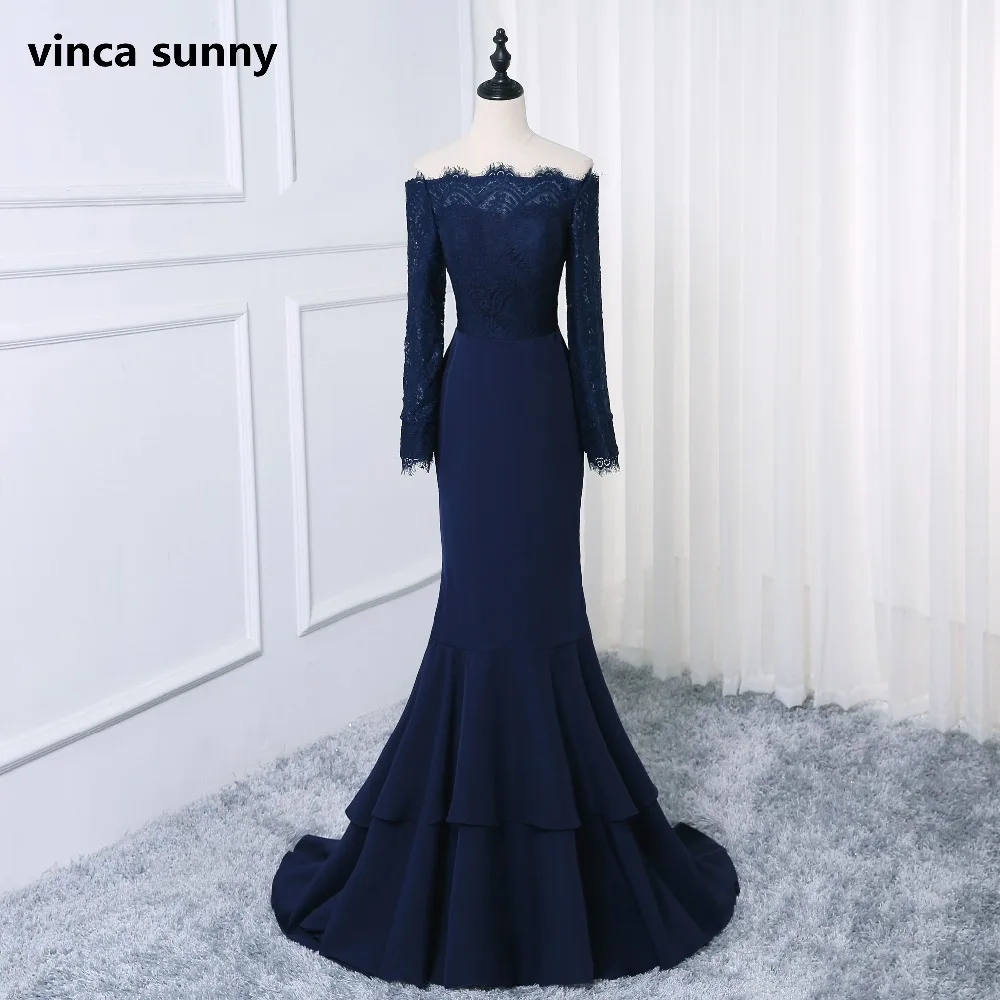 Navy blue mermaid evening dresses long 