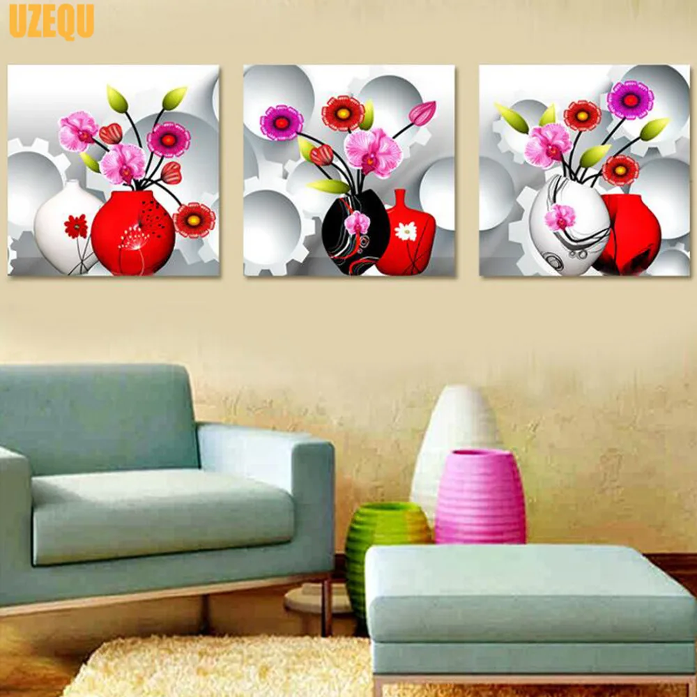 

UzeQu Triptych Full Diamond Embroidery 5D DIY Diamond Painting Cross Stitch Flower Vase 3D Diamond Mosaic Round Rhinestones Arts