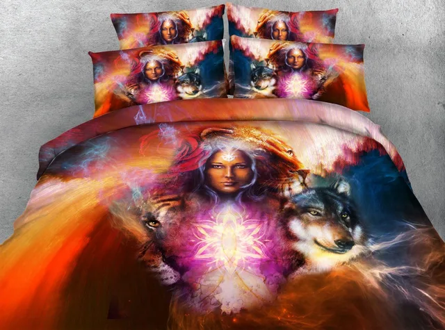 Amazing Indian Girl Wolf 3d Print Bedding Set Comforters Coverlets 