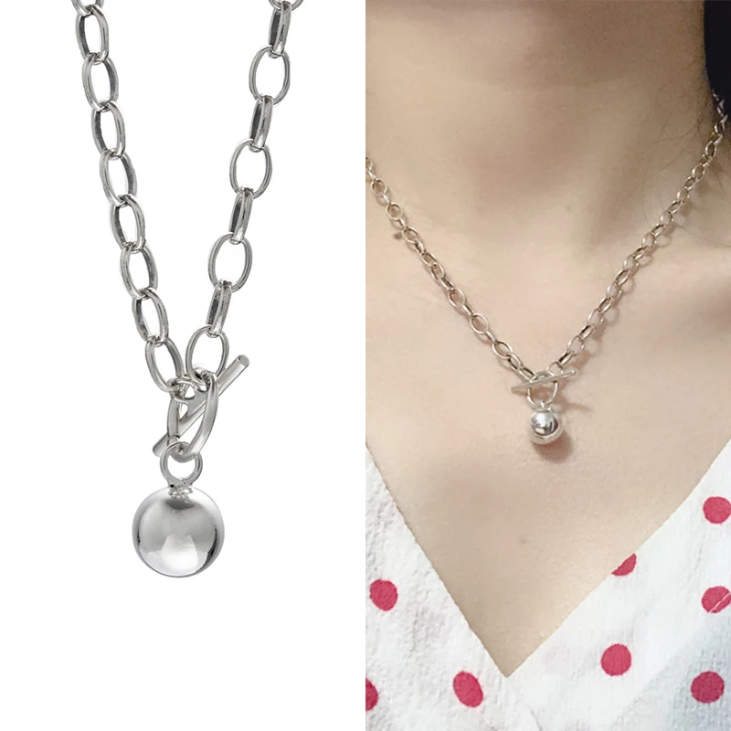 

925 Sterling Silver Punk Vintage Necklace Big Chain Round Ball Pendant Ot Buckle Chokers Necklaces For Women Fashion Necklaces