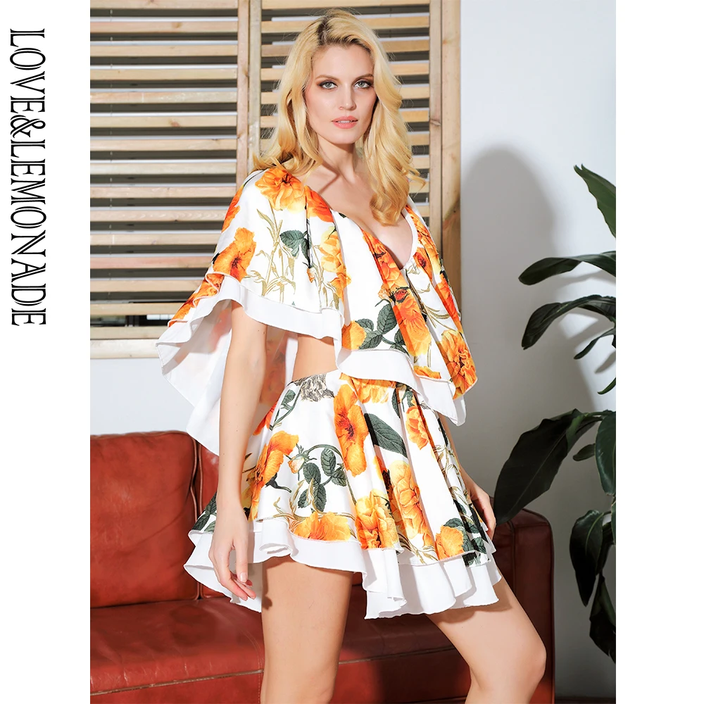 

LOVE&LEMONADE Sexy Deep V-Neck Cut Out Open Back Double-Layered Ruffled Flower Print Beach Party Dress LM81369-2