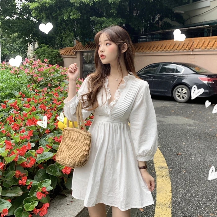 

Korean style v-neck spring fall new bow ruffles solid color long sleeve elegant mini-dress fashion brand Women Clothing vestidos