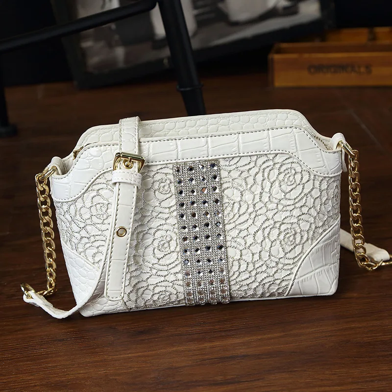 

Genuine Leather Bag Lace Diamond Women Handbag Summer Bag White Ladies Party Shoulder Bag Bling Crystal Girl purses 2019 New
