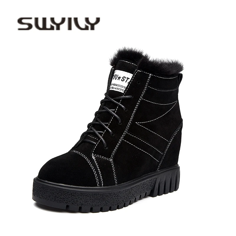 

SWYIVY Luxury Fur High Top Snow Boots Shoes Woman Platform Wedge Fashion Winter Casual Shoes 2018 Warm Ankle Snow Boots Suede
