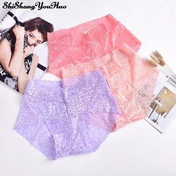 

Mid Waist Belly Lift Hip Plastic Body Lace Women Underwear Cotton Crotch Briefs Thin Flower Pattern Transparent Panties