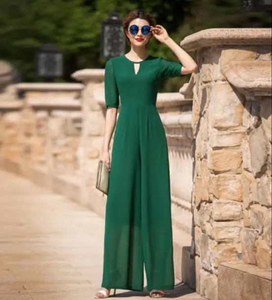 Jumpsuit for Women 2017 Summer Party Overalls Rompers Chiffon Elegant Green Full Length Bodysuit Plus Size M L XL 2XL 3XL