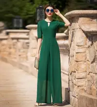 Jumpsuit for Women 2017 Summer Party Overalls Rompers Chiffon Elegant Green Full Length Bodysuit Plus Size M L XL 2XL 3XL