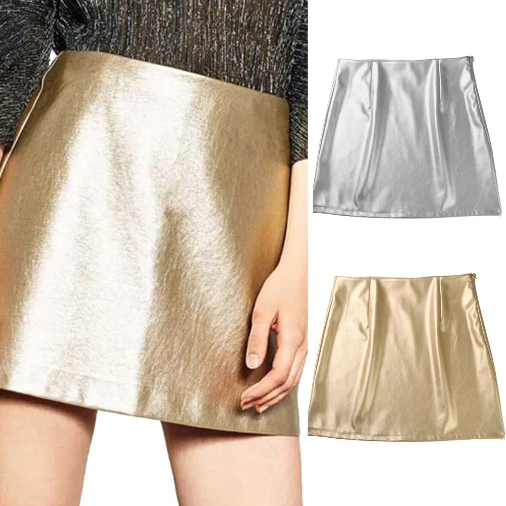 

faldas mujer moda 2019 Women Casual Solid A-Line Metallic Bright Leather PU Zipper High-Waist Slim Hip Skirt harajuku faldas #C