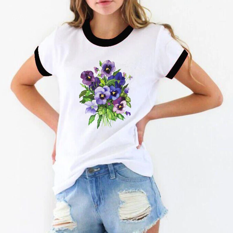 

women clothes 2019 beautiful Pansy flowers printed t shirt white vogue female t-shirt o-neck camiseta mujer summer tops tee