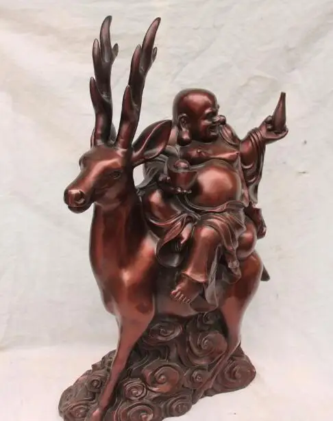 

S2270 22"Chinese Bronze Wealth Yuanbao Happy Laugh Maitreya Buddha On Deer Vase Statue