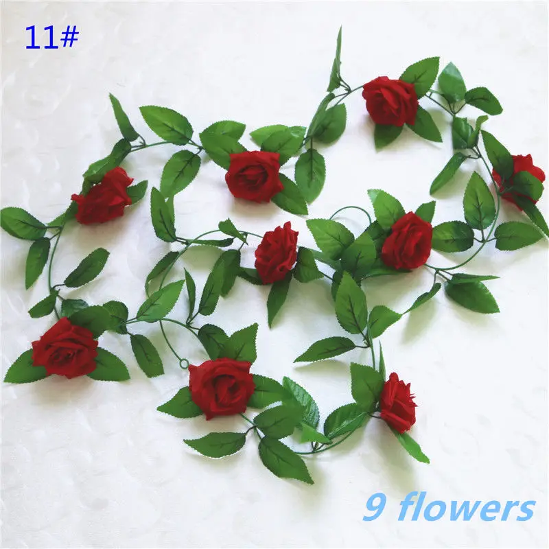 1pcs/lot 230-250cm Artificial Flowers Silk Roses Ivy Vine diy with Green Leaves Fake leaf artificial flowers for home decoration - Цвет: 11Red -9 flower