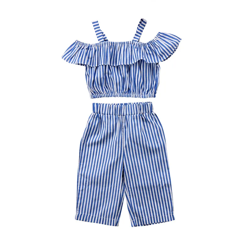 

Fashion Toddler Kids Baby Girls Clothes Off-Shoulder Princess Casual Girls Outfits Striped Tops Pants Summer 2PCS