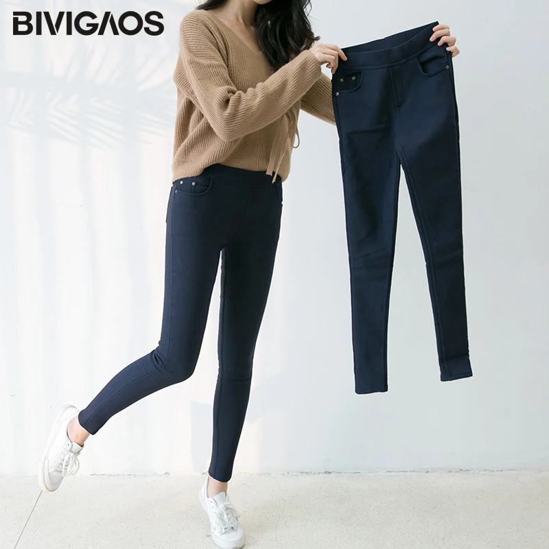 Ceny BIVIGAOS nowych kobiet jesień zima pogrubienie ciepłe spodnie ołówkowe złota aksamitna elastyczna szpilki kieszeń legginsy spodnie Plus rozmiar spodnie