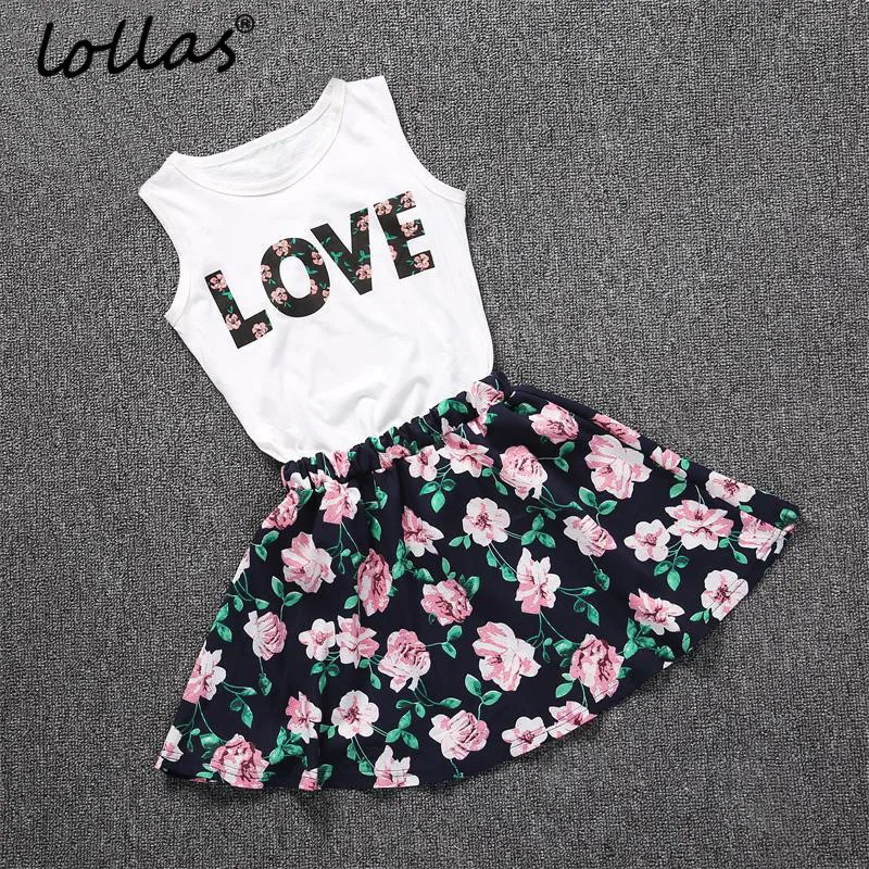 

Lollas Summer New Girls Clothes Set Letters Printed Sleeveless Vest Tops Floral Skirt Dress Baby Girls Outfits Cotton Clothes