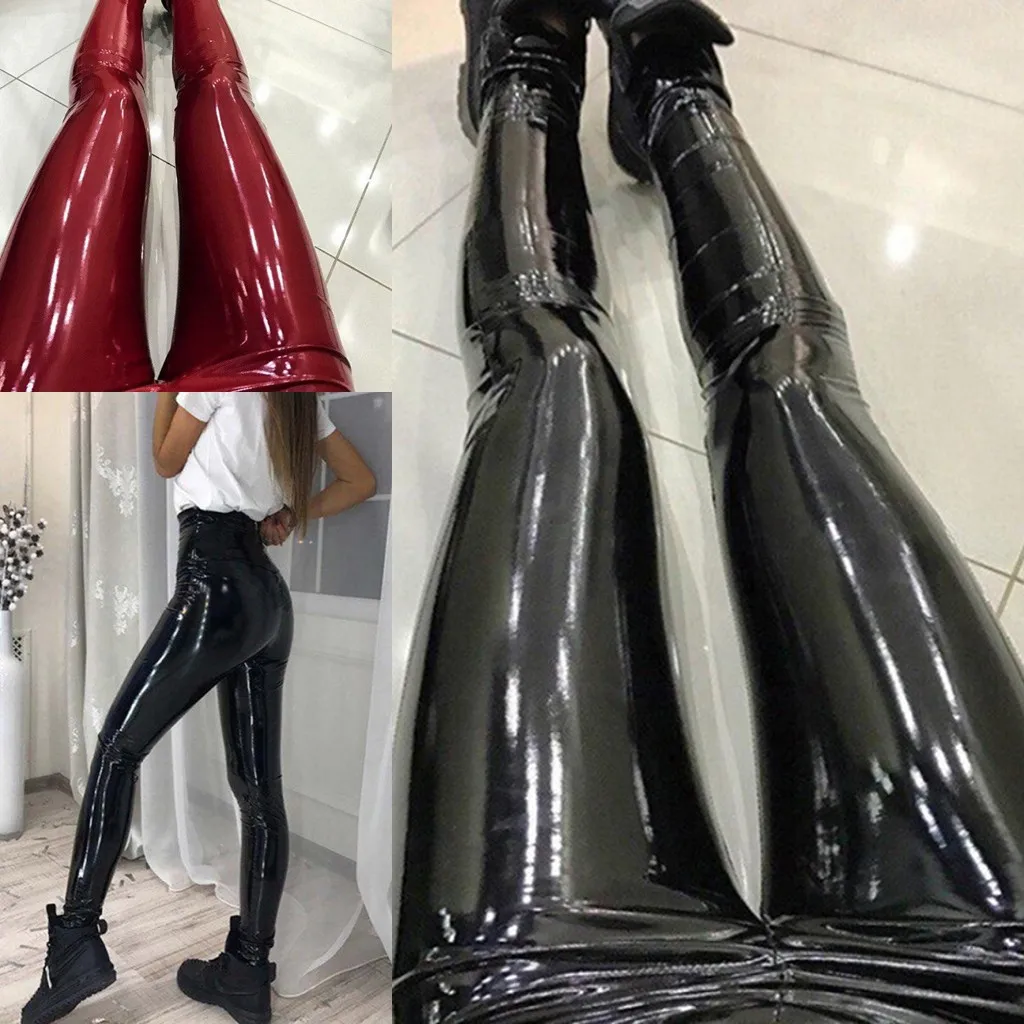2019 New 1PC/2PC Black Red Female High Waist PU Leather Skinny Pants ...