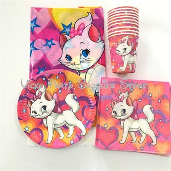 

41pcs/lot Marie Cat Disposable Tableware Set Cartoon Pink Cat The Aristocats Birthday Baby Shower Cup Plate Decoration Supplies