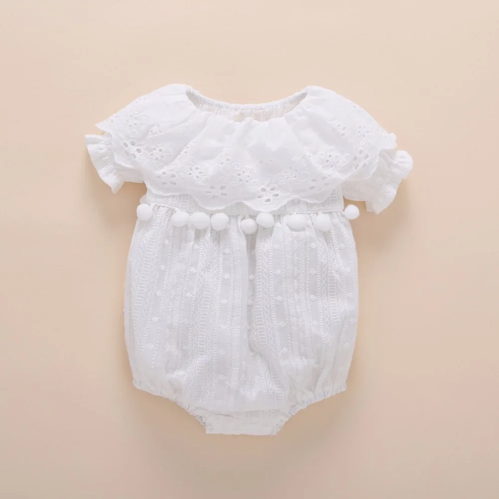 Летняя одежда для маленьких девочек, белый комбинезон с коротким рукавом и кружевом для новорожденных, для детей 1 года, для дня рождения, для детей 0, 3, 6, 9 месяцев, детский комбинезон