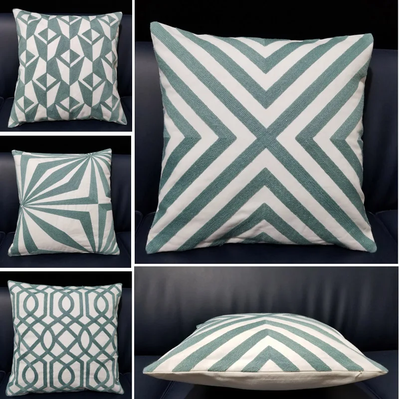 

Luxury Cotton Embroidery Geometric Pattern Sky Blue Sofa Cushion Cover Home Decoration Housewarming Gift Car Throw Pillow Cover