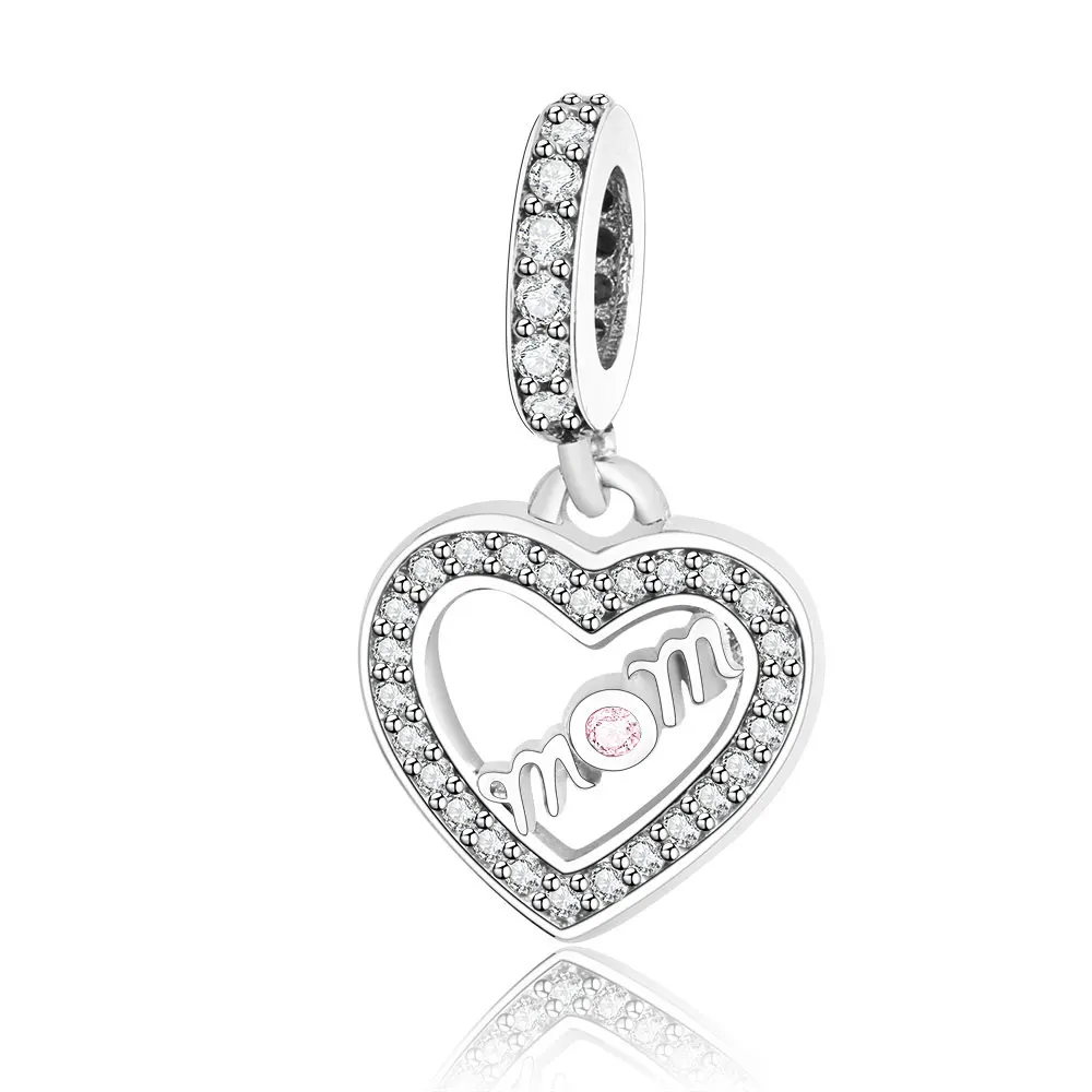 New Style 925 Sterling Silver MOM Heart Dangle Charm Fits Original