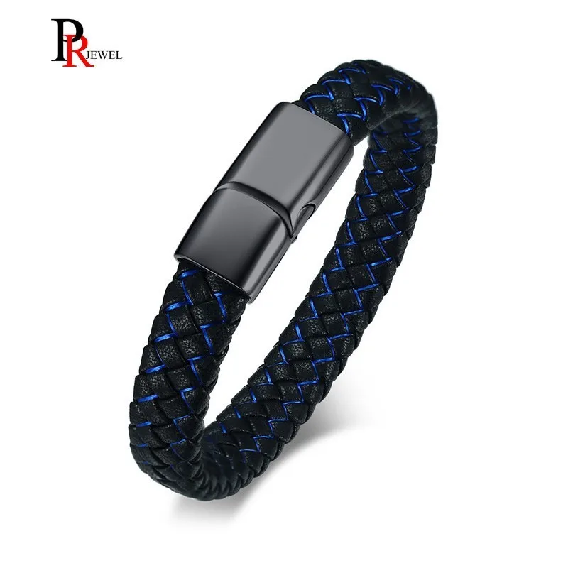 Мужской браслет Синий Черный Плетеный Натуральная кожа Нержавеющая сталь Магнитная застежка мужские наручные ювелирные изделия
