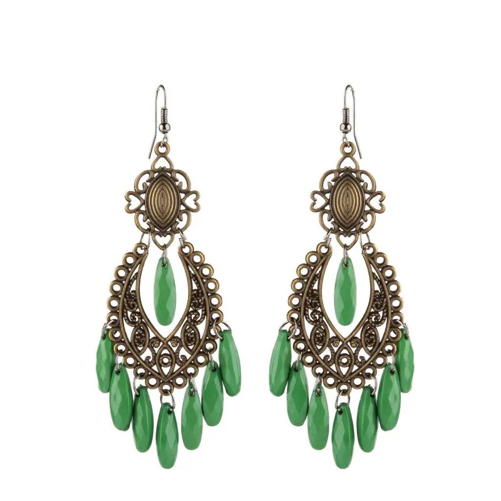 Women Behomia Hollow Flower Alloy Hook Style Earringd Ethnic Odd Beads Drop Long Tassel Fringe Earrings 