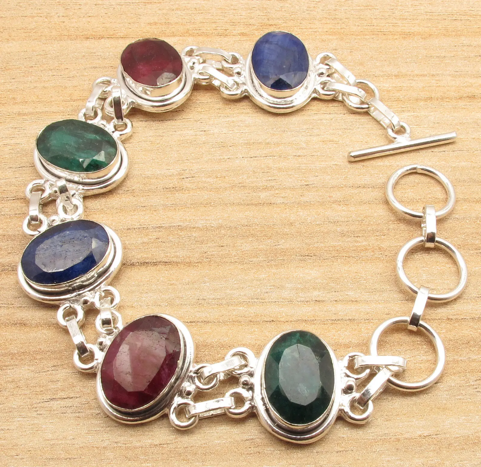 

8 1/2" ART Bracelet ! Silver Plated Beautiful Rubys Emeralds Sapphires Jewelry