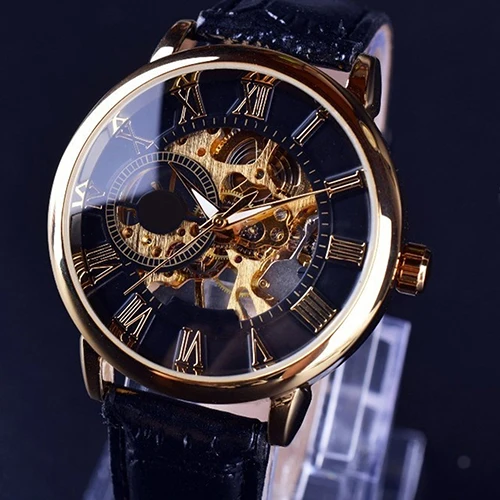 Vente Casual Montre De Luxe Hommes 3D Creux Gravure Cas En Acier Inoxydable Chiffres Romains Cadran Squelette Mécanique Montre Horloge Cadeau