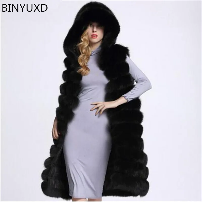 BINYUXD Новая мода длинный из искусственного лисьего меха норки меховой жилет с
