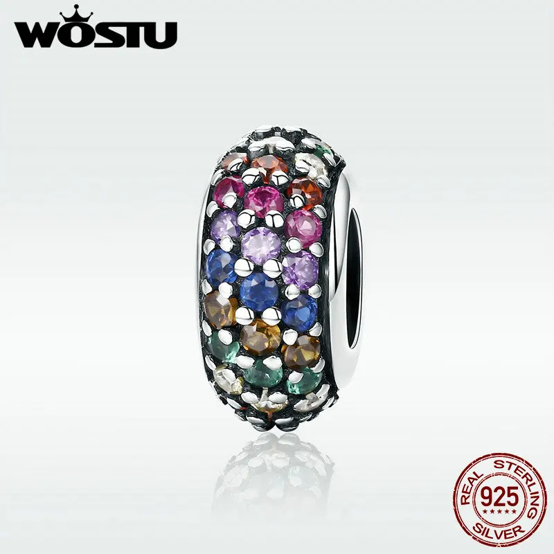 WOSTU Authentic 925 Sterling Silver Colorful Cubic Zircon Pave Rainbow Spacer Beads For Women Original Charm Bracelet DXC583