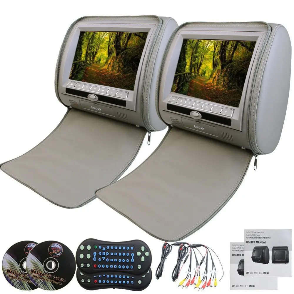 

Gray 9'' LCD Dual Headrest DVD Player Pillow Monitors DVD USB SD 32 Bit Games VIDEO Monitors Region Car Dvd Headrests Player