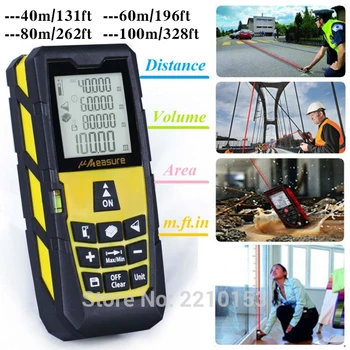 

Yellow Laser Distance Meter Handheld Level Rangefinder Measure Area/Volume 131ft (40m)/ 196ft (60m)/ 262ft (80m)/ 328ft (100m)