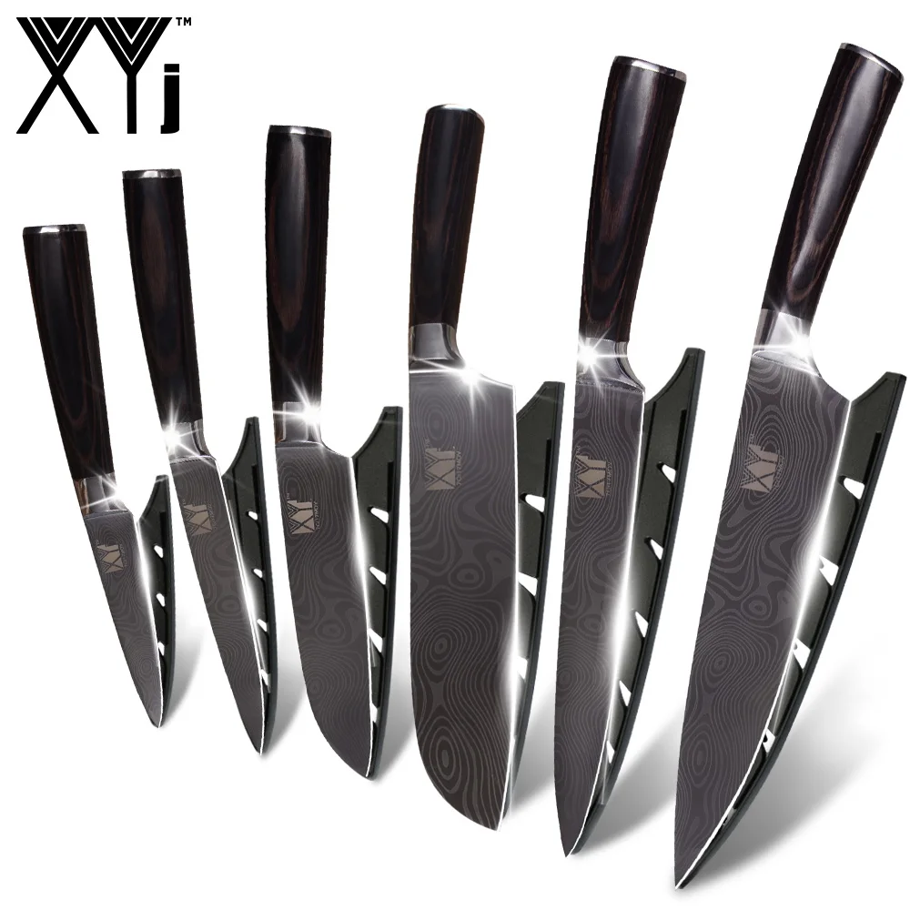 XYj нож из нержавеющей стали, кухонные ножи, нож для нарезки фруктов Santoku, нож для нарезки шеф-повара, дамасский нож с цветной деревянной ручкой, набор стальных ножей