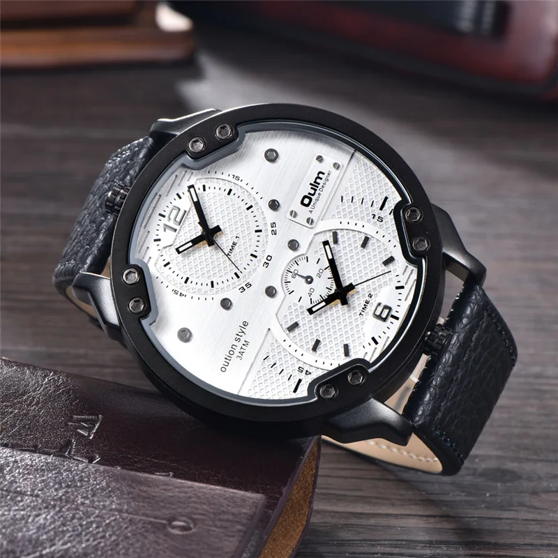 

Oulm Genuine Leather Watch Male Large Big Size Quartz Watches Men Luxury Brand Two Time Zone Dress Wristwatch relogio masculino