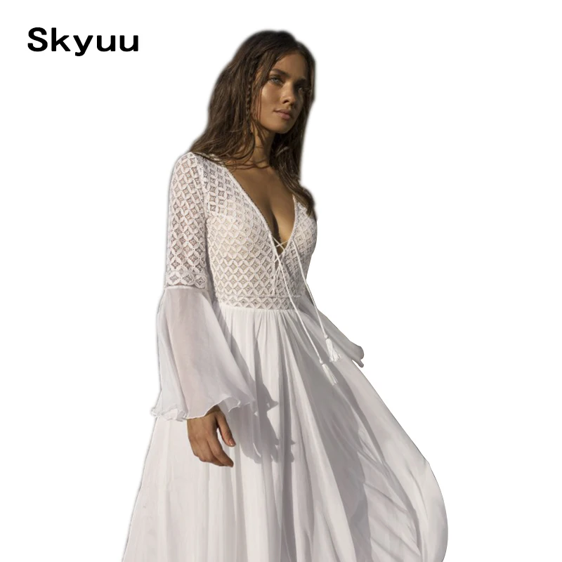 Skyuu البوهيمي الأبيض اللباس بوهو ماكسي V الرقبة مثير عارية الذراعين فساتين الشاطئ النساء 2019 الصيف الدانتيل الشيفون الطابق طول فستان طويل Skyuu البوهيمي الأبيض اللباس بوهو ماكسي V الرقبة مثير عارية الذراعين فساتين الشاطئ النساء 2019 الصيف الدانتيل الشيفون الطابق طول فستان طويل