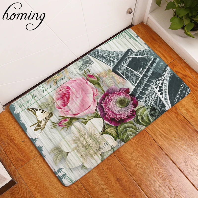

Homing Durable Welcome Home Decoration Stair Mats Vintage Stamp Eiffel Tower Floral Mats Waterproof Bedroom Bedside Foot Pads