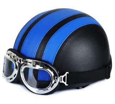 Мотоциклетный Ретро шлем для езды на мотоцикле, жесткая мотоциклетная сумка, Электрический скутер, шлемы мотоциклиста, кожаные черные шапки с подарком - Цвет: Black Blue