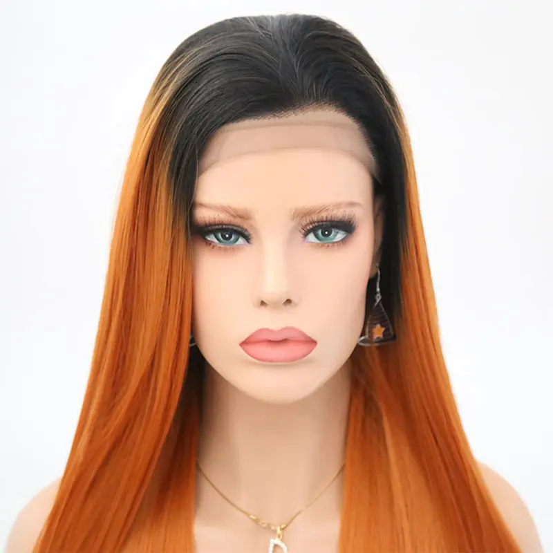 Bombshell Прямо Синтетические волосы на кружеве парики темные корни Ombre оранжевый Красного цвета жаропрочных волокна для Белый Для женщин ежедневно парики