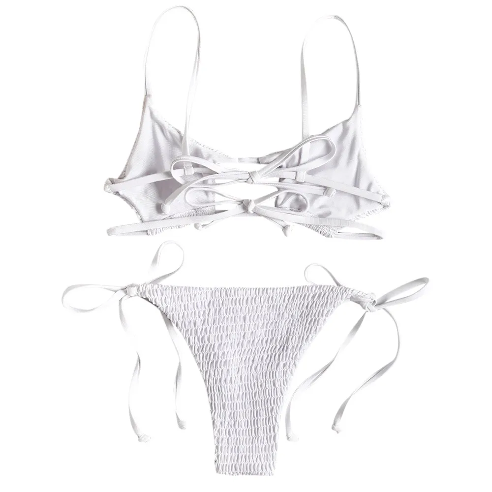 Женский присборенный Ленточные бикини купальник женский Bralette купальник с низкой посадкой на тонких бретельках рубашка галстук сбоку Biquni купальный костюм