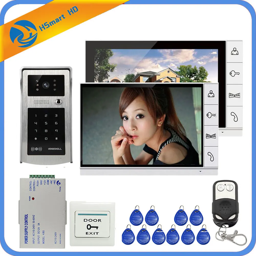 Home Security 9 inch TFT LCD 2 Monitor Video Door phone Video Intercom System RFID Password Access Doorbell 1 Camera+Door Exit