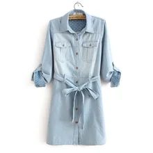 

2017 Autumn New Womens Dress Casual Korean Style Single Breasted Women Lapel Long Sleeve Pocket Denim Dress Jeans Vestido