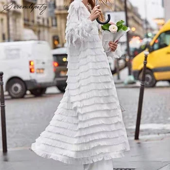 

White Cascading Ruffle Lace Tassel Dress Women Cardigan Long Loose Elegant Dress Black Autumn Winter Streetwear Vestidos Casual