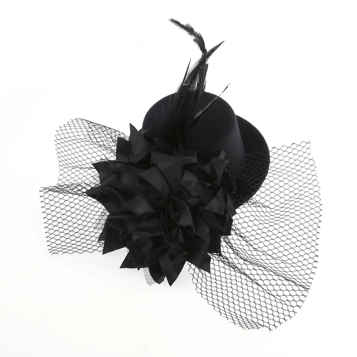 Lady Mini Top Hat Hair Clip Net Yarn Decorated Feather Burlesque Punk Style Red
