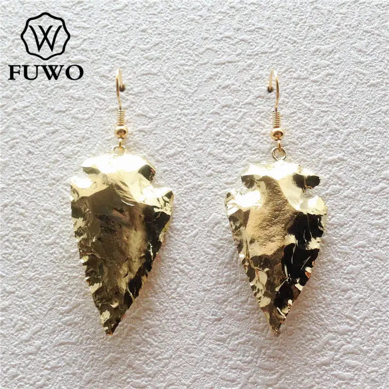 

FUWO Carved Stone Arrowhead Earrings With 24K Gold Dipped Minimalist Design Raw Onyx Stone Indiana Style Earrings Jewelry ER037