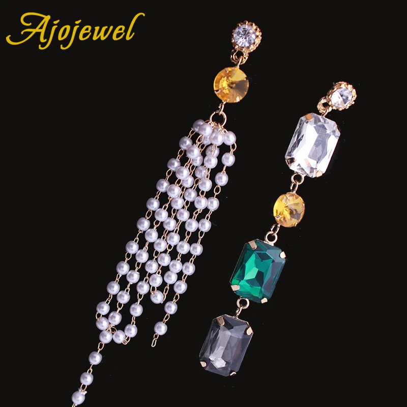 

Ajojewel Asymmetric Colorful Crystal Exaggerated Long Earrings 2018 Simulated Pearl Tassel Earrings For Women