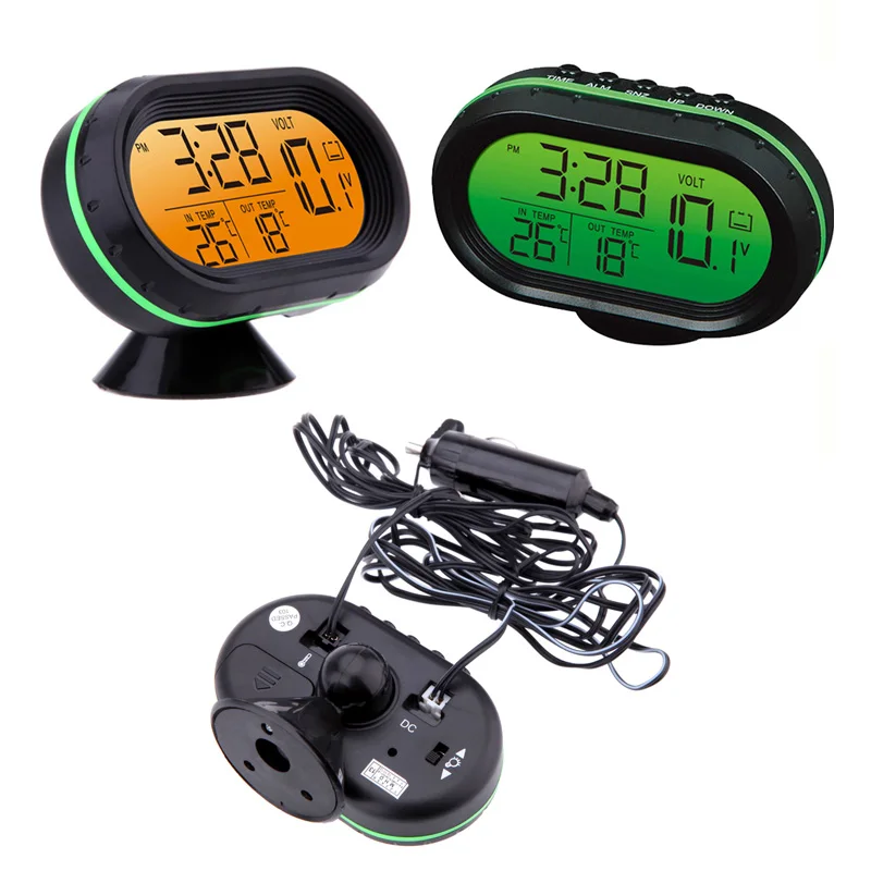 Digital Auto Car Thermometer Voltmeter Voltage Meter Noctilucous Clock