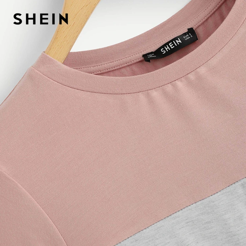 SHEIN متعدد الألوان اللون كتلة قص و خياطة الترتر جيب T قميص المرأة قصيرة الأكمام عارضة المحملة الصيف عمال أعلى تي شيرت